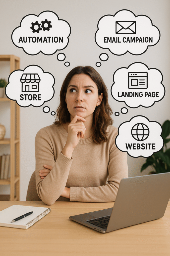 Woman overwhelmed with online business software including email marketing automation, landing pages, website builders, and storefront tools