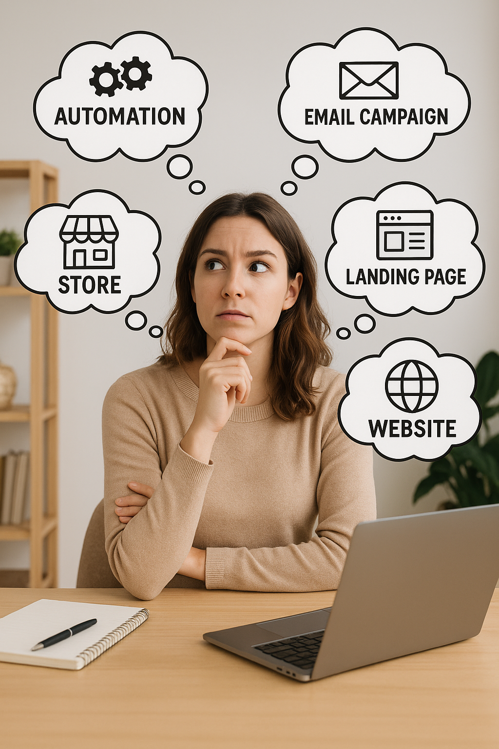 Woman overwhelmed with online business software including email marketing automation, landing pages, website builders, and storefront tools