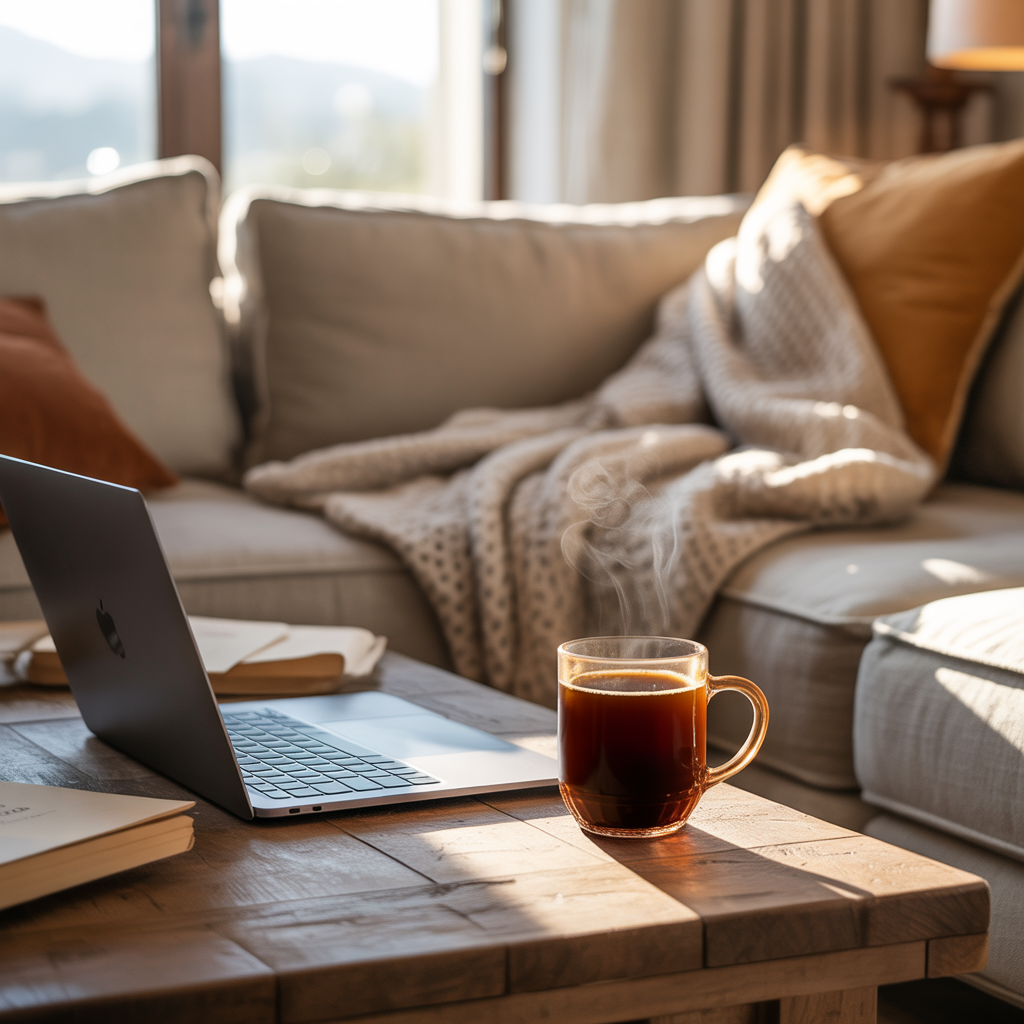 Cozy living room couch with a laptop and coffee sitting on the coffee table