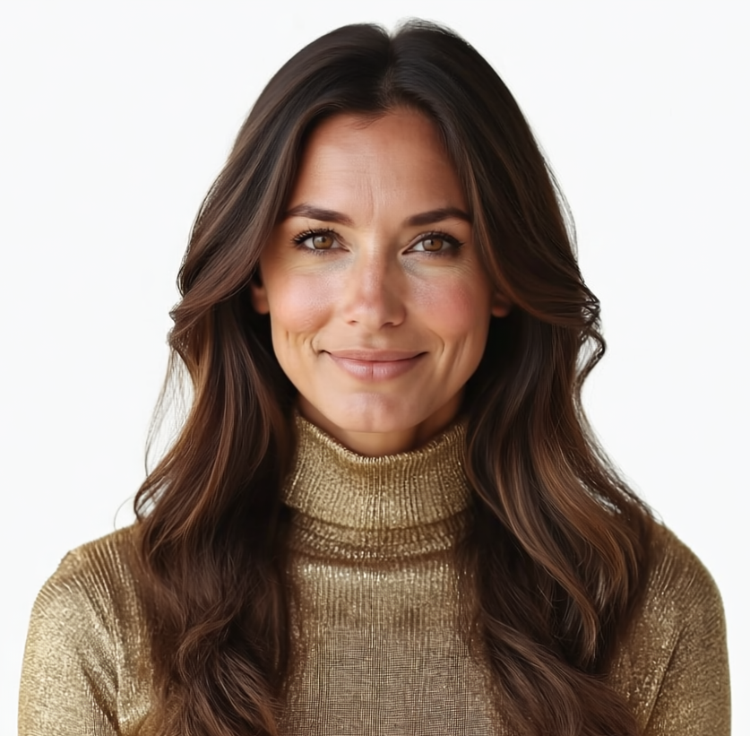 Woman with long brown hair wearing a gold turtleneck, representing confidence in midlife.