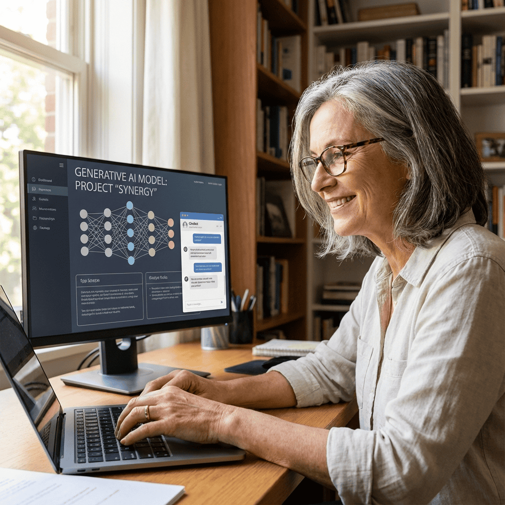 Woman using AI technology on laptop to find her voice and confidence.