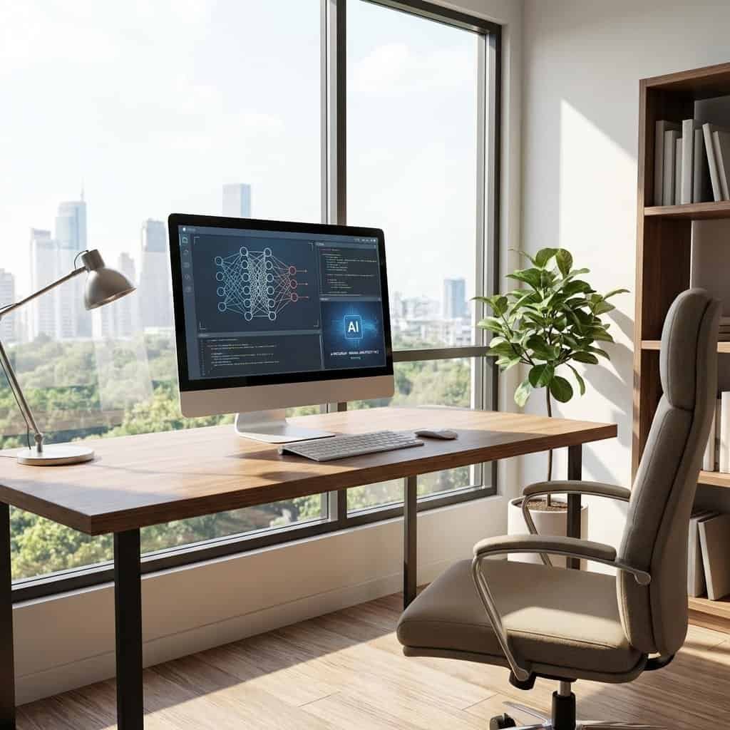 Modern workspace with AI technology on computer monitor by large window.