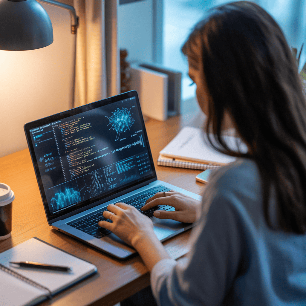 Midlife adult learning AI technology on laptop at home.