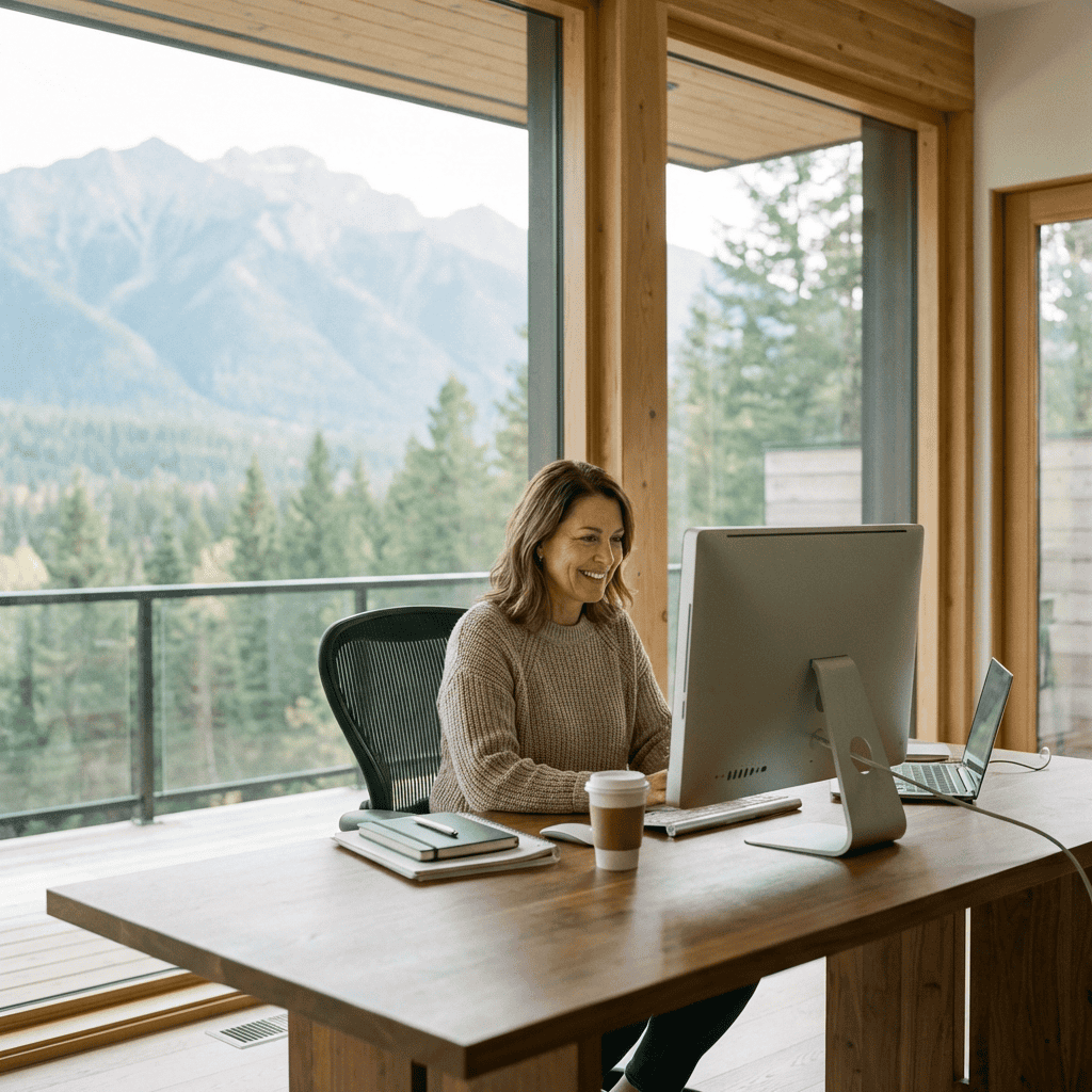 Woman working remotely on a computer with mountain view, embracing online business opportunities