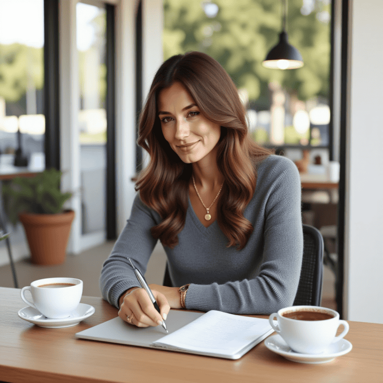 Woman working on laptop with coffee in a cozy cafe setting.